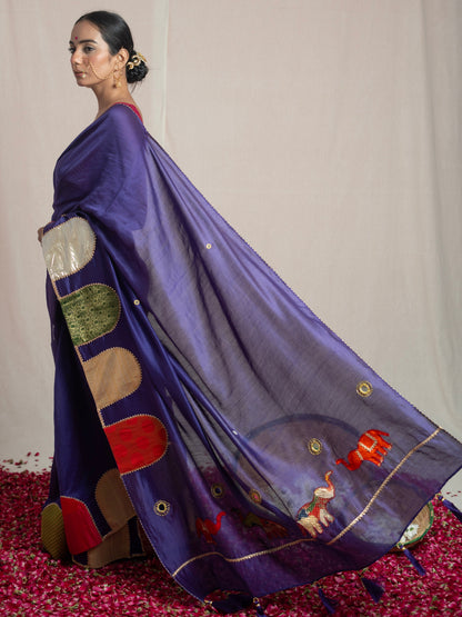 Paaro Hand Embroidered Elephant Blue Saree