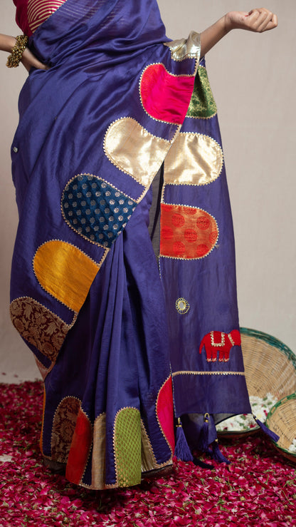 Paaro Hand Embroidered Elephant Blue Saree