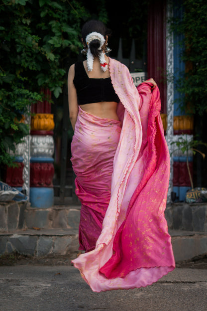 Natural Flower Dyed Rani Habutai Silk Saree