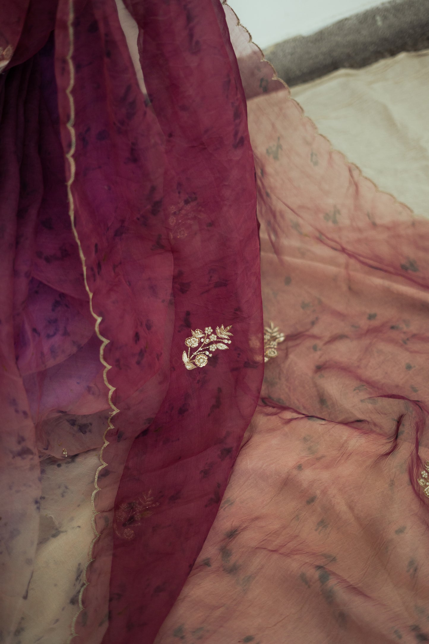 Natural Flower Dyed Jamun Hand Embroidered Organza Silk Saree