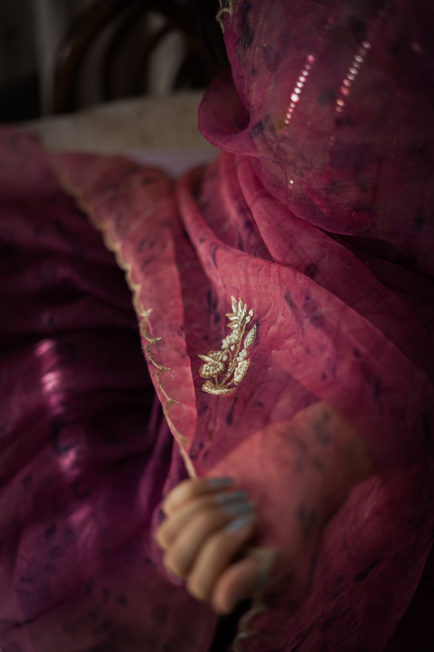 Natural Flower Dyed Jamun Hand Embroidered Organza Silk Saree