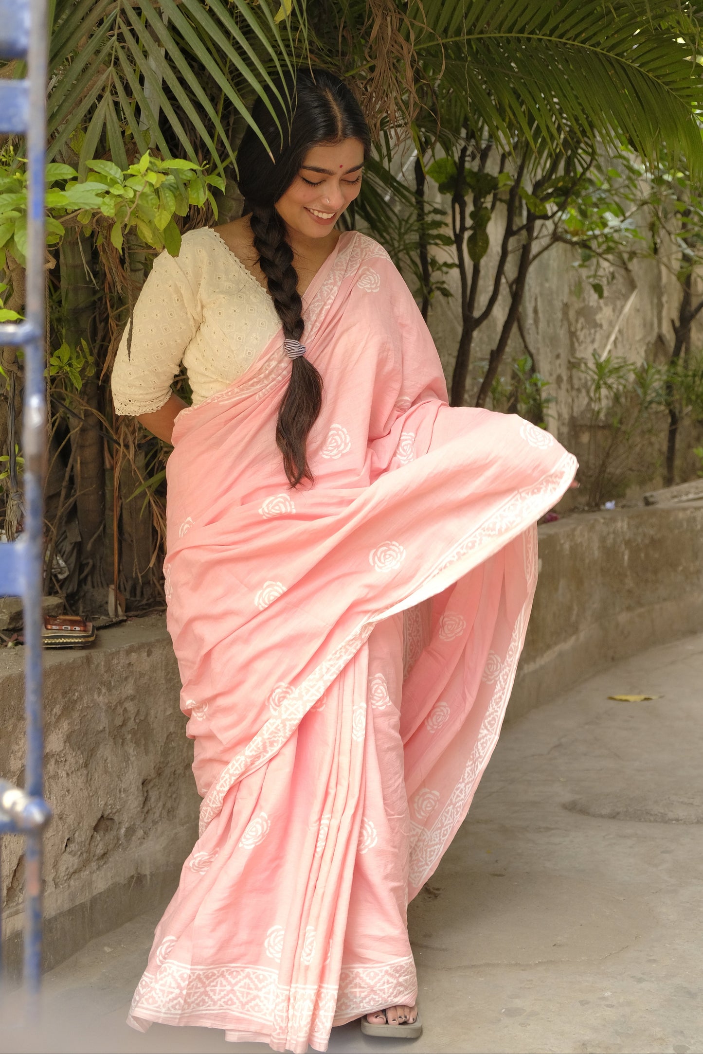 Peach Rose - Handblock Print Natural Dyed - Peach Mulmul Cotton Saree