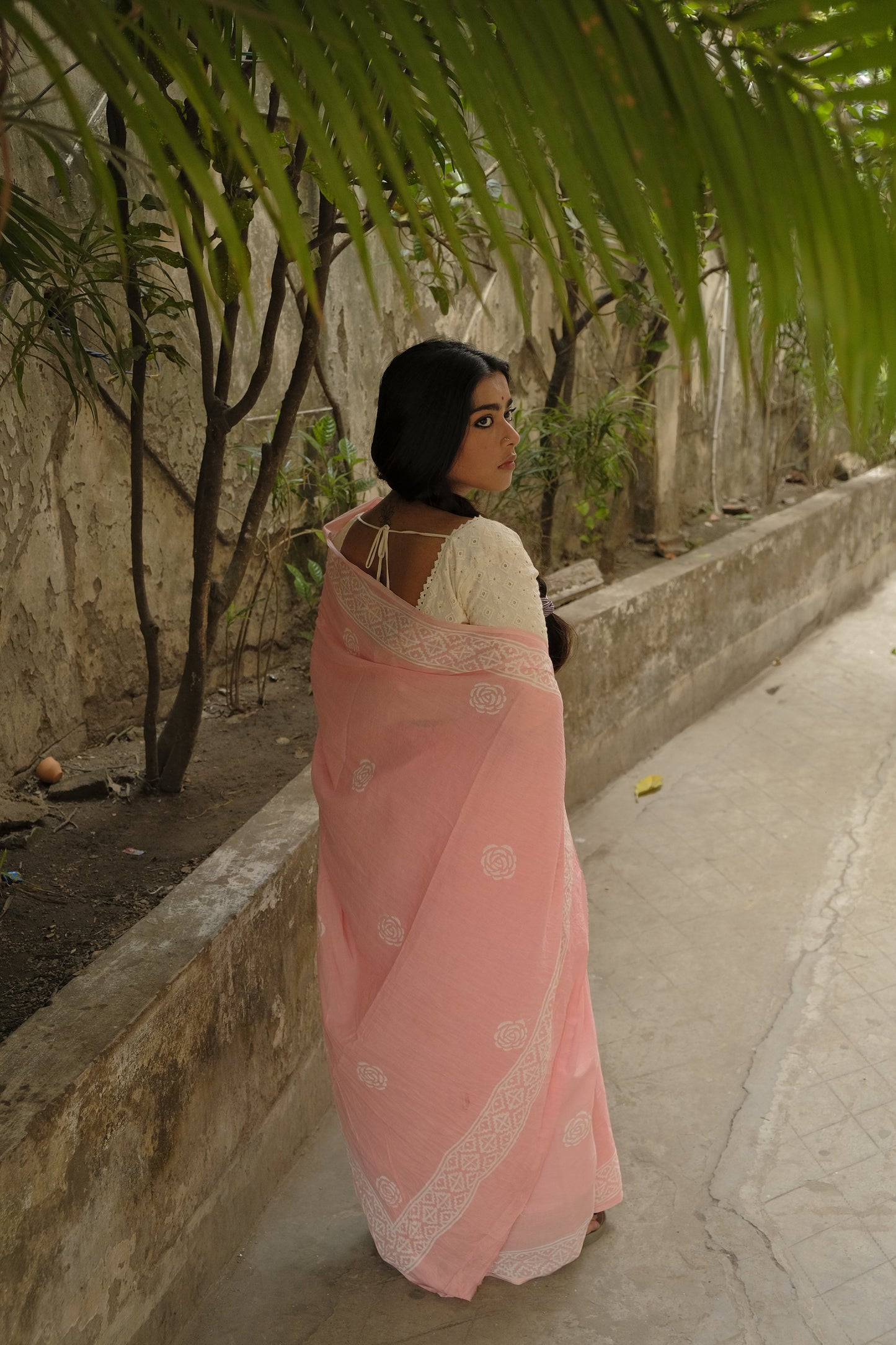 Peach Rose - Handblock Print Natural Dyed - Peach Mulmul Cotton Saree