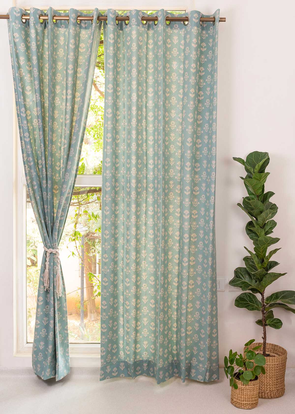 Room Darkening - Dahlia Cotton Floral Blue Curtain