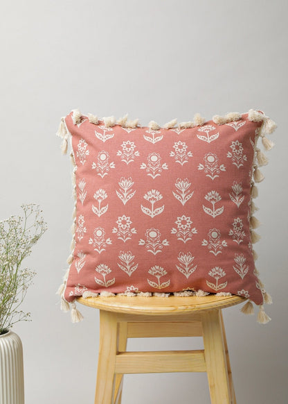 Dahlia Printed 100% Cotton Floral Cushion Cover For Sofa With Tassels - Rust