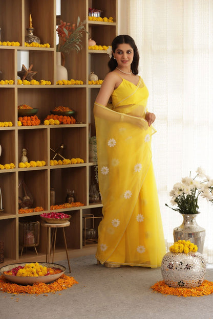 Daisy Yellow Hand-Embroidered Silk Organza Saree