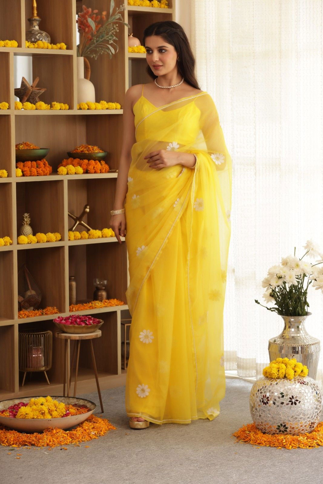 Daisy Yellow Hand-Embroidered Silk Organza Saree