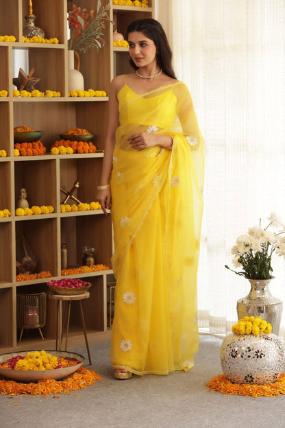 Daisy Yellow Hand-Embroidered Silk Organza Saree