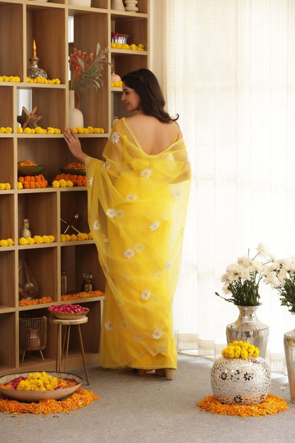 Daisy Yellow Hand-Embroidered Silk Organza Saree