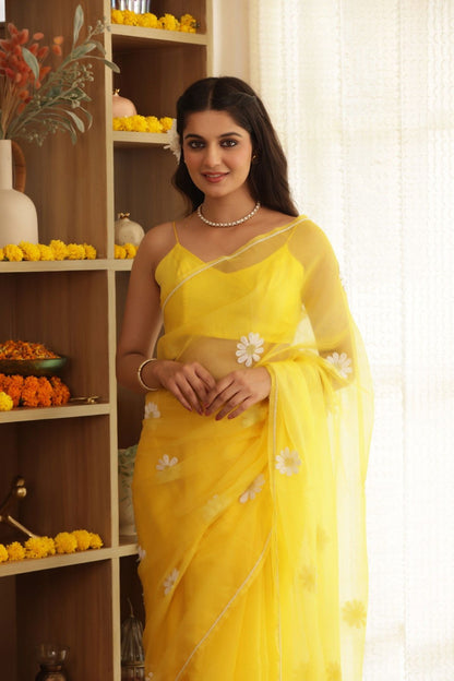 Daisy Yellow Hand-Embroidered Silk Organza Saree