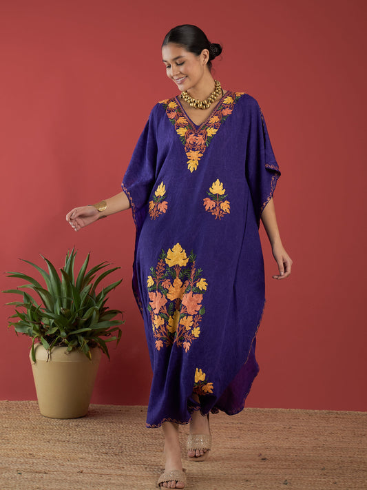 Deep Purple Aari Embroidered Kashmiri Kaftan - Long