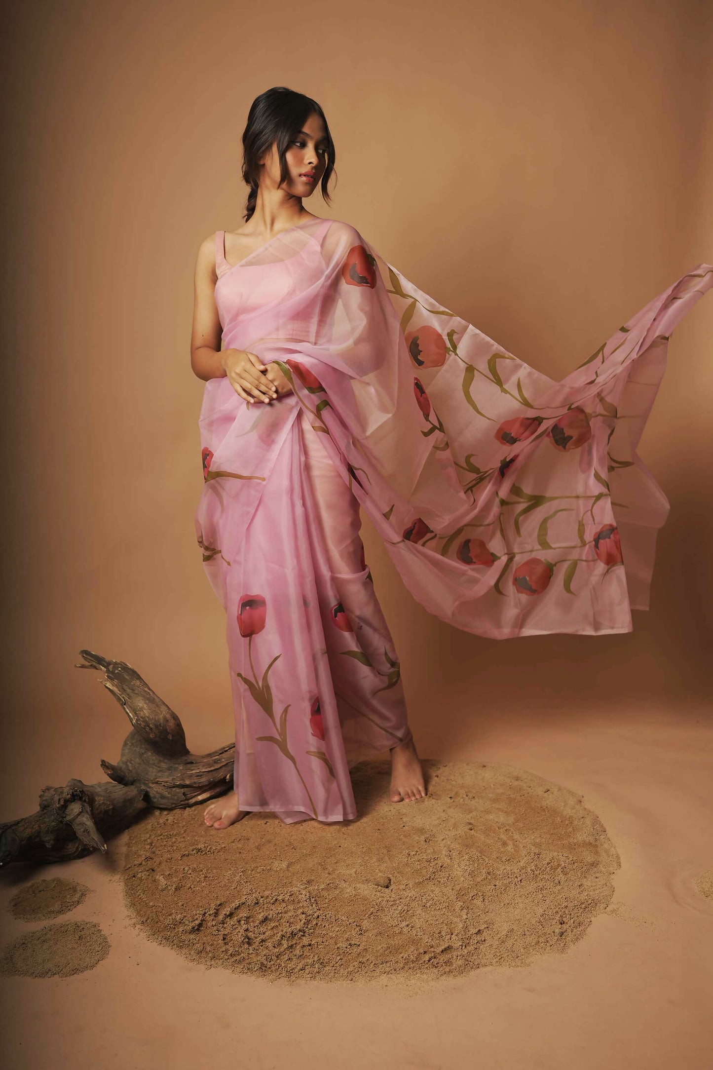 Rose Blush | Lavender Floral Handpainted Organza Saree