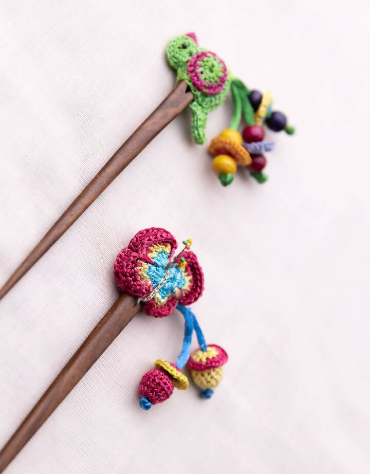 Multicoloured Bird Butterfly Hair Stick (Pair) ~ Green