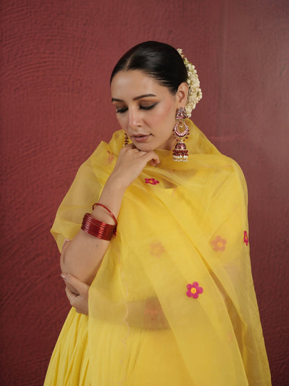 Chaand Hand Dyed Yellow Cotton Anarkali Set with Aari Embroidered Dupatta