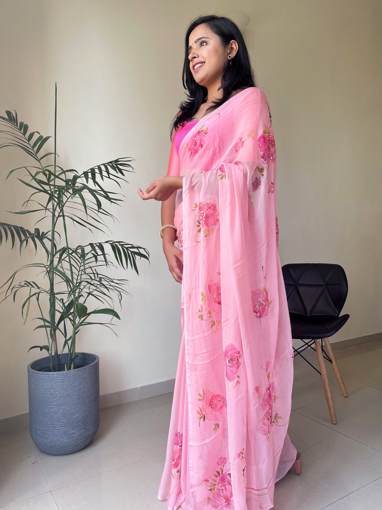 Rose Handpainted Chiffon Saree