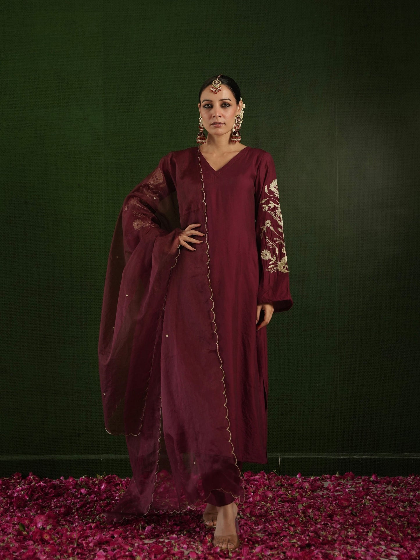 Chaand Maroon Chanderi Heavy Embroidered Suit Set