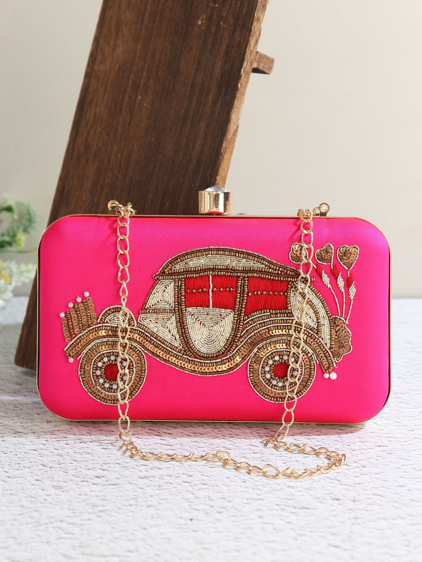 Pink Vintage Car Embroidered Clutch