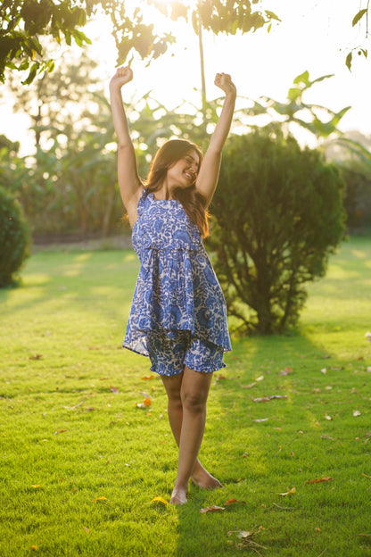 Elsa Blue Cotton Block Print Ruffle Co-ord Set