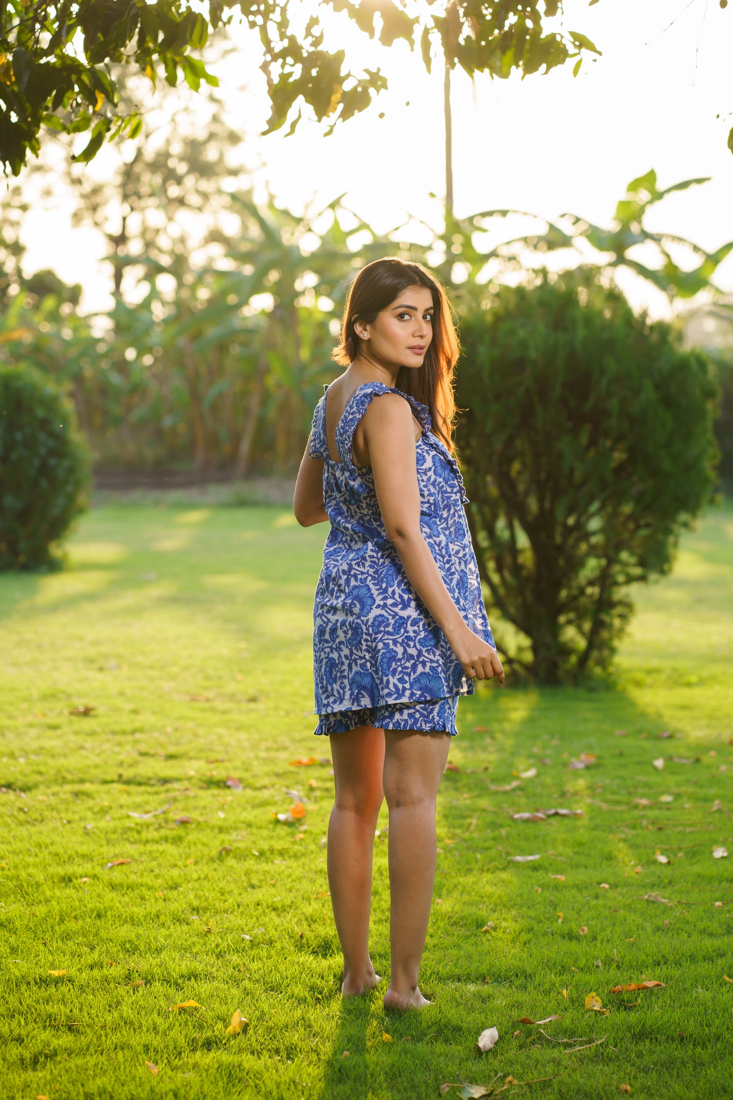 Elsa Blue Cotton Block Print Ruffle Co-ord Set