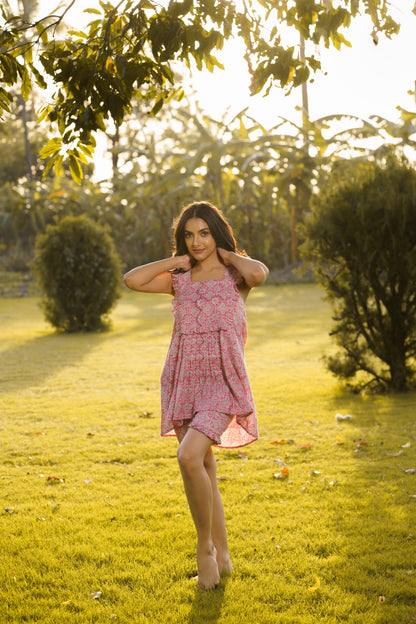 Elsa Pink Cotton Block Print Ruffled Co-ord Set