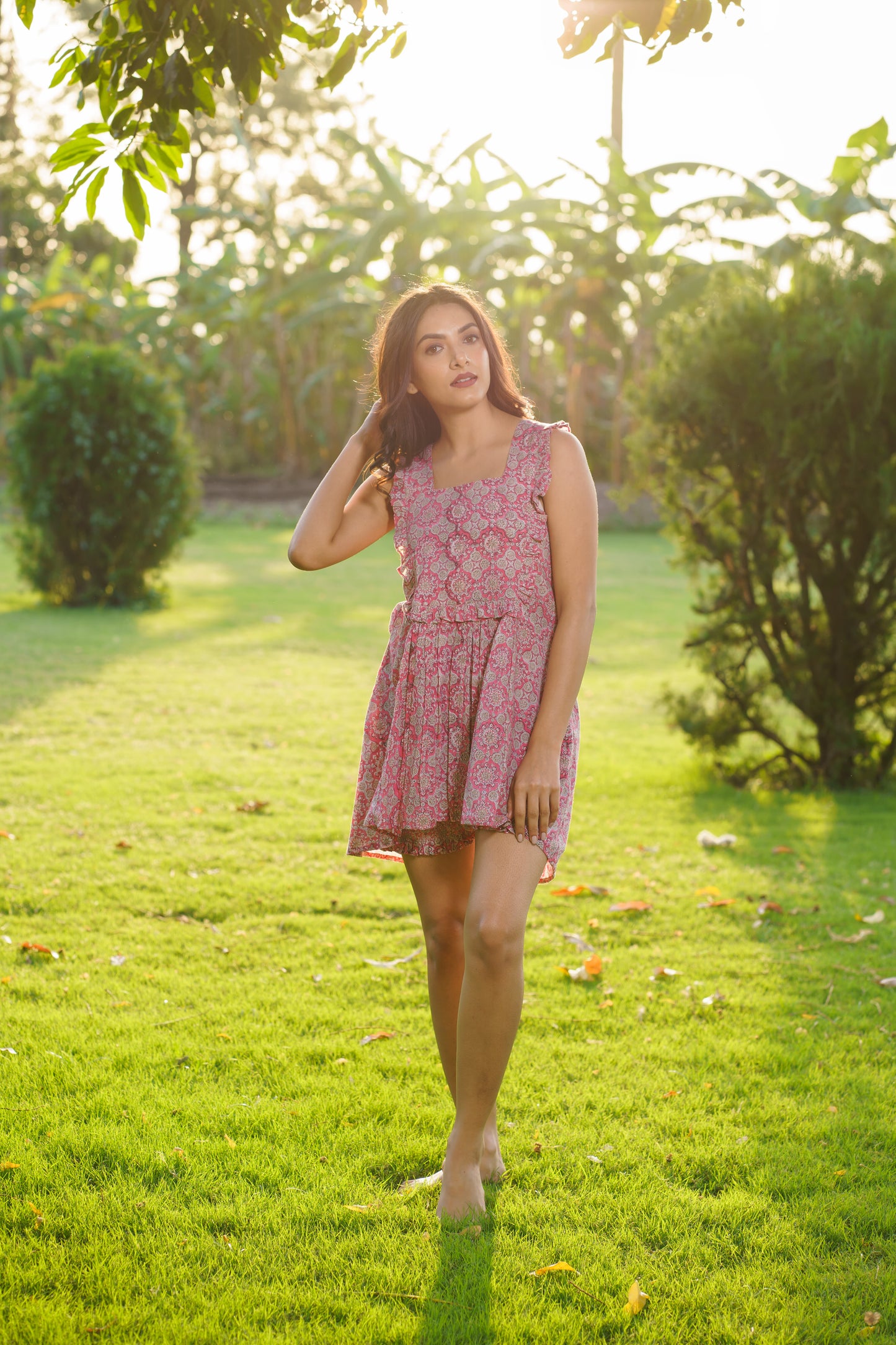 Elsa Pink Cotton Block Print Ruffled Co-ord Set