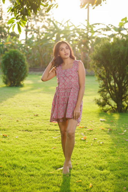 Elsa Pink Cotton Block Print Ruffled Co-ord Set