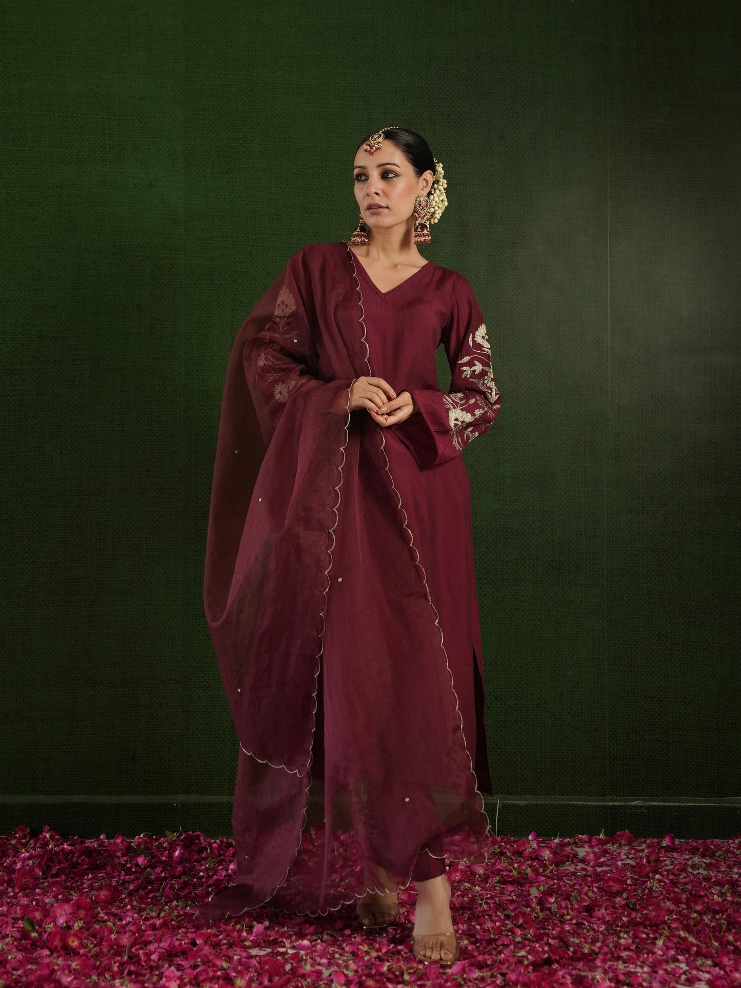 Chaand Maroon Chanderi Heavy Embroidered Suit Set