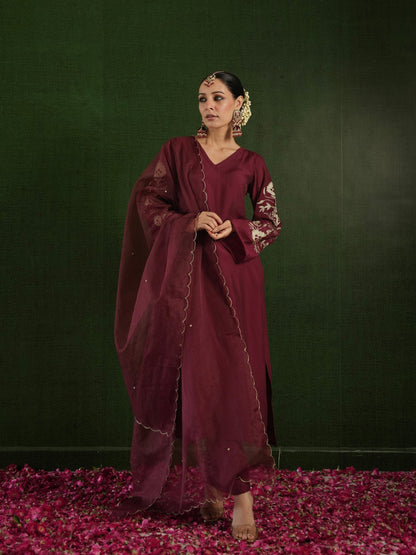 Chaand Maroon Chanderi Heavy Embroidered Suit Set