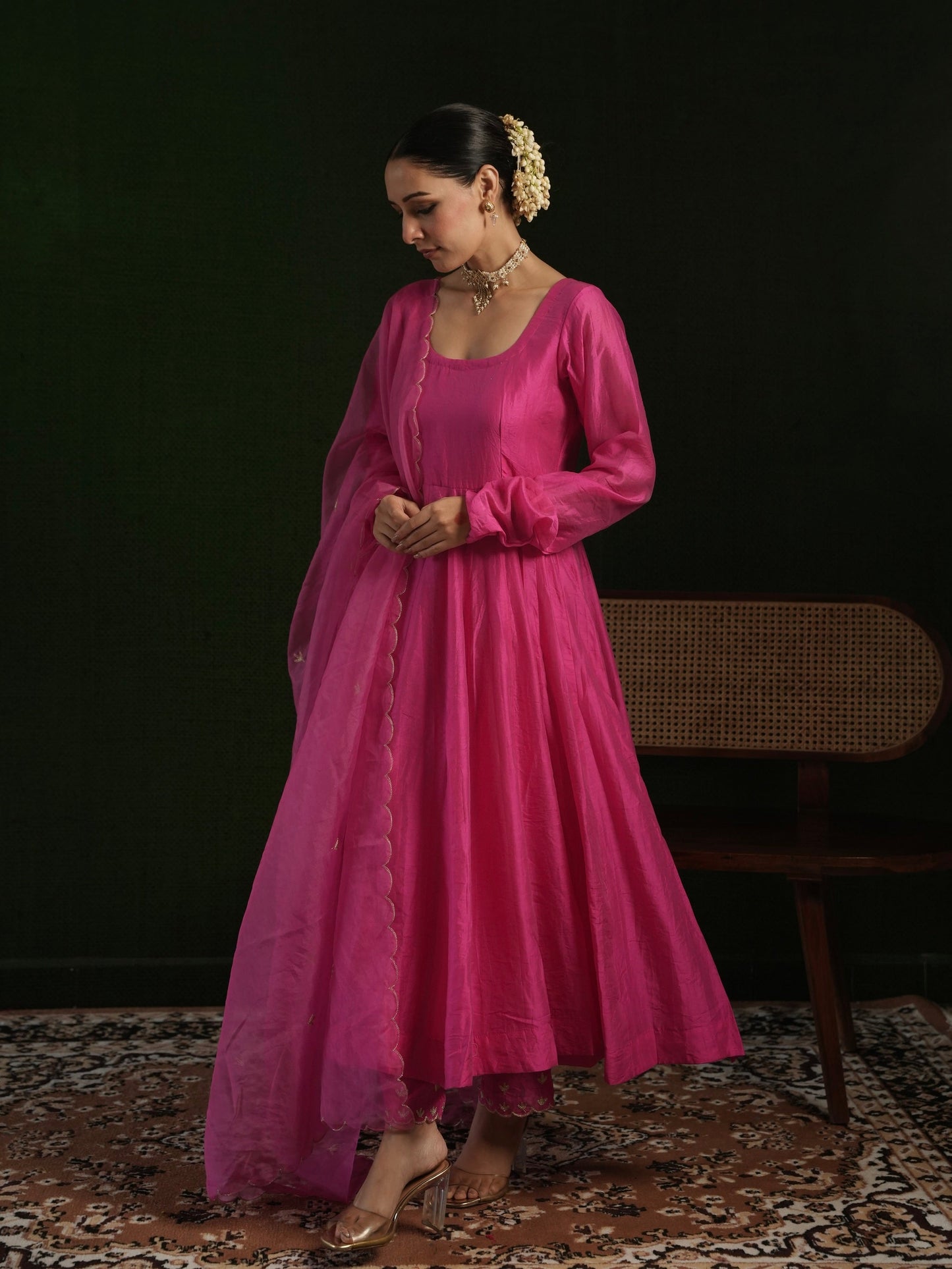 Chaand Fuchsia Pink Chanderi Anarkali Set with Aari Work Bottom