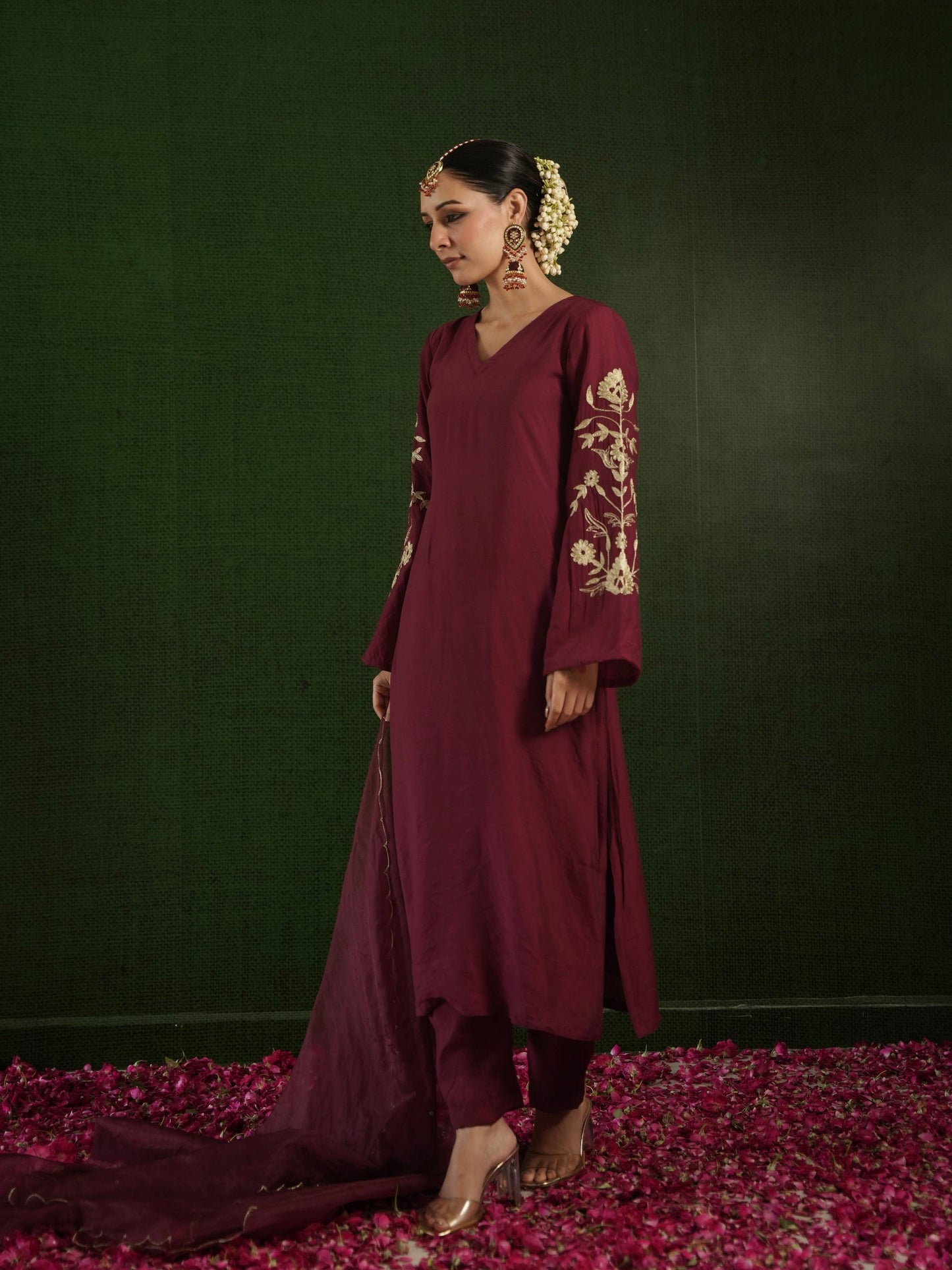 Chaand Maroon Chanderi Heavy Embroidered Suit Set