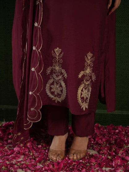 Chaand Rosewood Chanderi Heavy Embroidered Suit Set