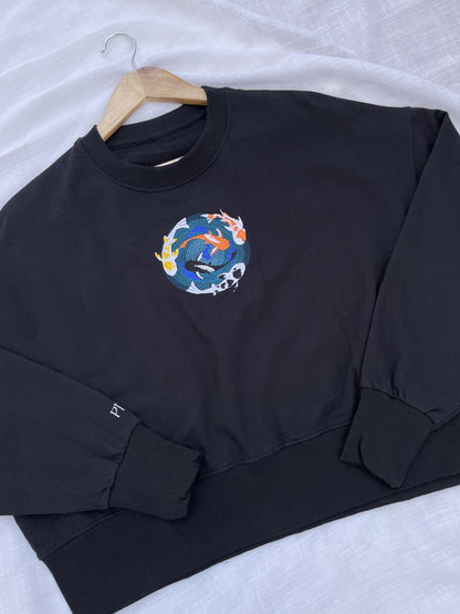 Fish Pond Embroidered Black Cropped Sweatshirt