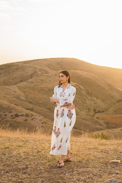 Firdous Poppy Cotton Block Print Long Dress