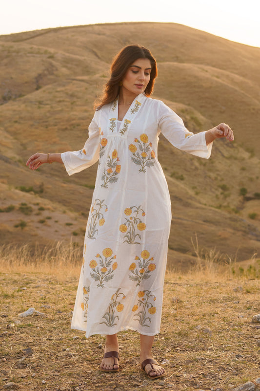 Firdous Marigold Cotton Block Print Long Dress