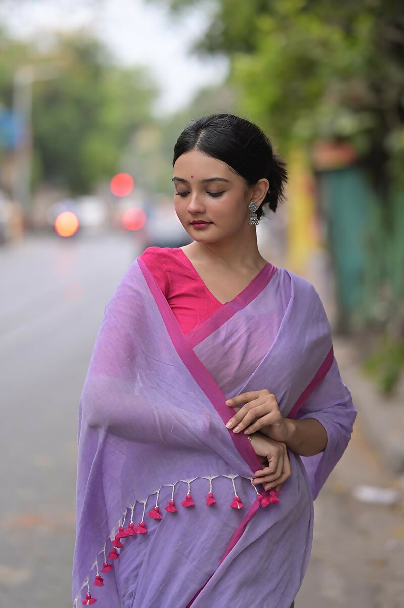 Pink Border Handwoven Mulmul Cotton Saree