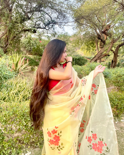 butter yellow 'sunheri' hand-painted saree (5)