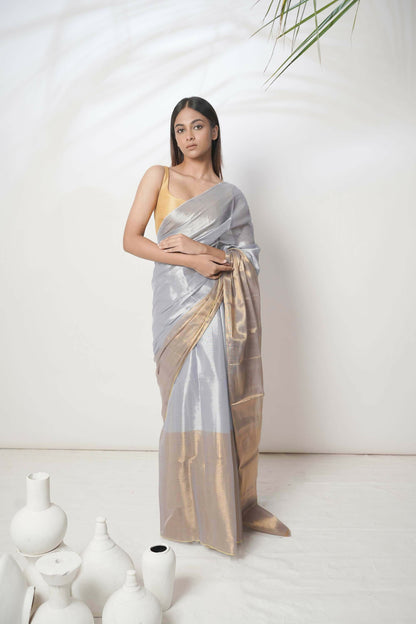 Alankrita | Slate Blue And Gold Handloom Tissue Saree