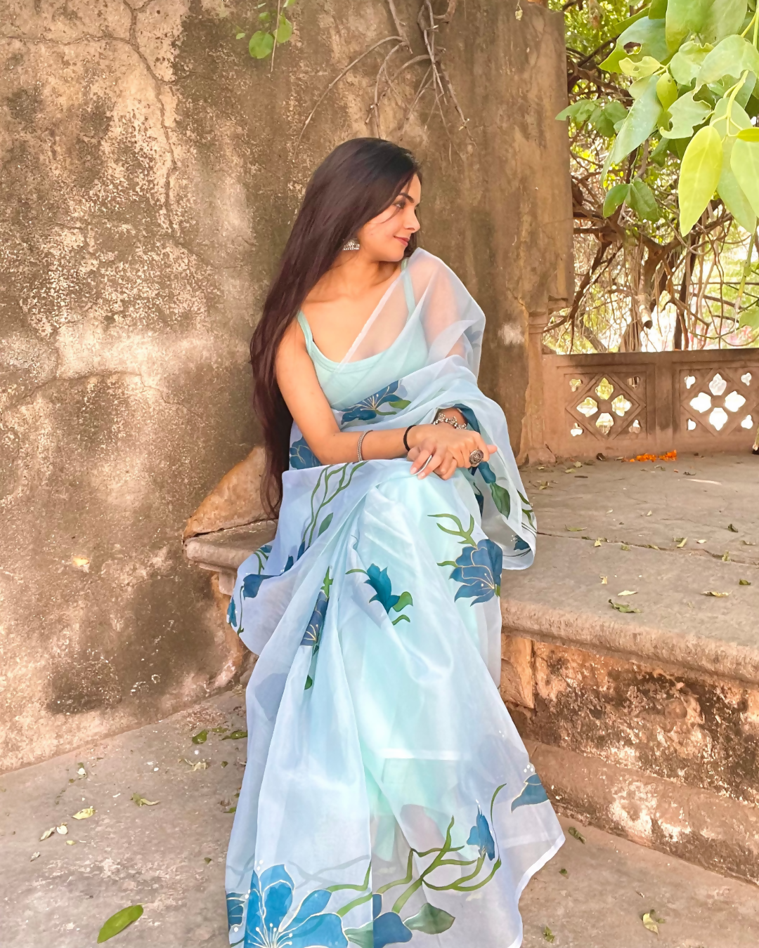 topaz teal 'aarzoo' hand-painted saree (3)