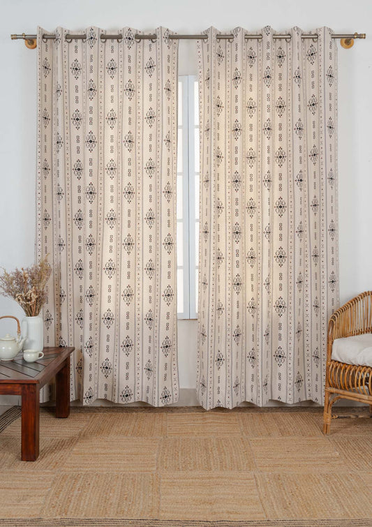 Room Darkening - Gypsy Cream Pure Cotton Geometric Curtain