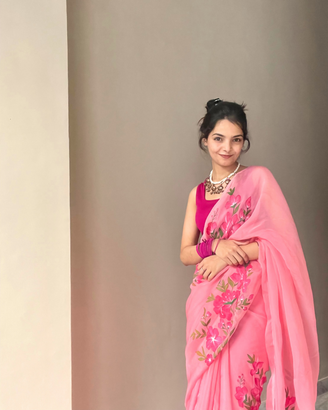 deep pink 'gulbaag' hand-painted saree (4)