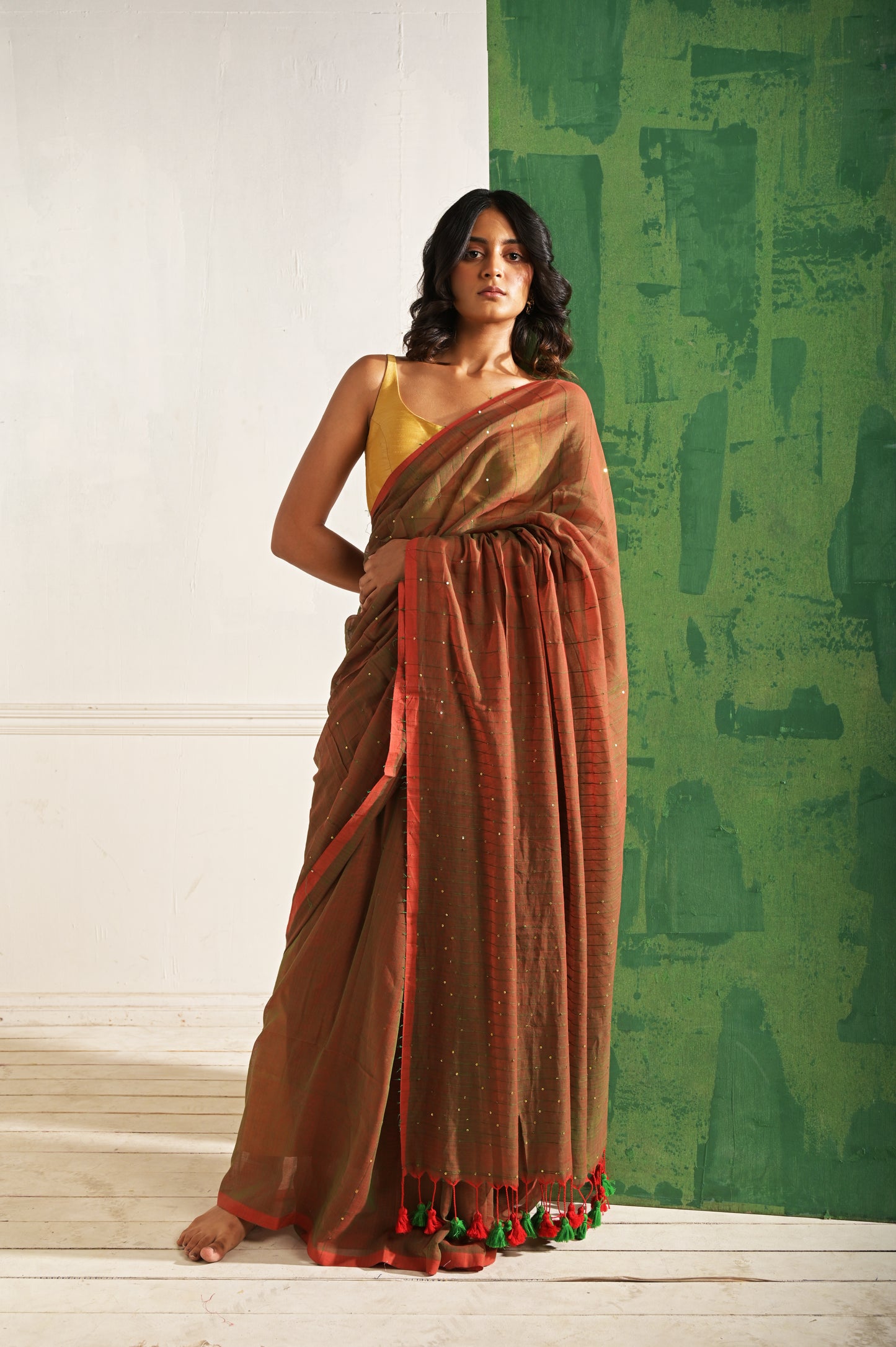 Toot Ta Taara | Red Mul Cotton Saree With Beaded Sequins