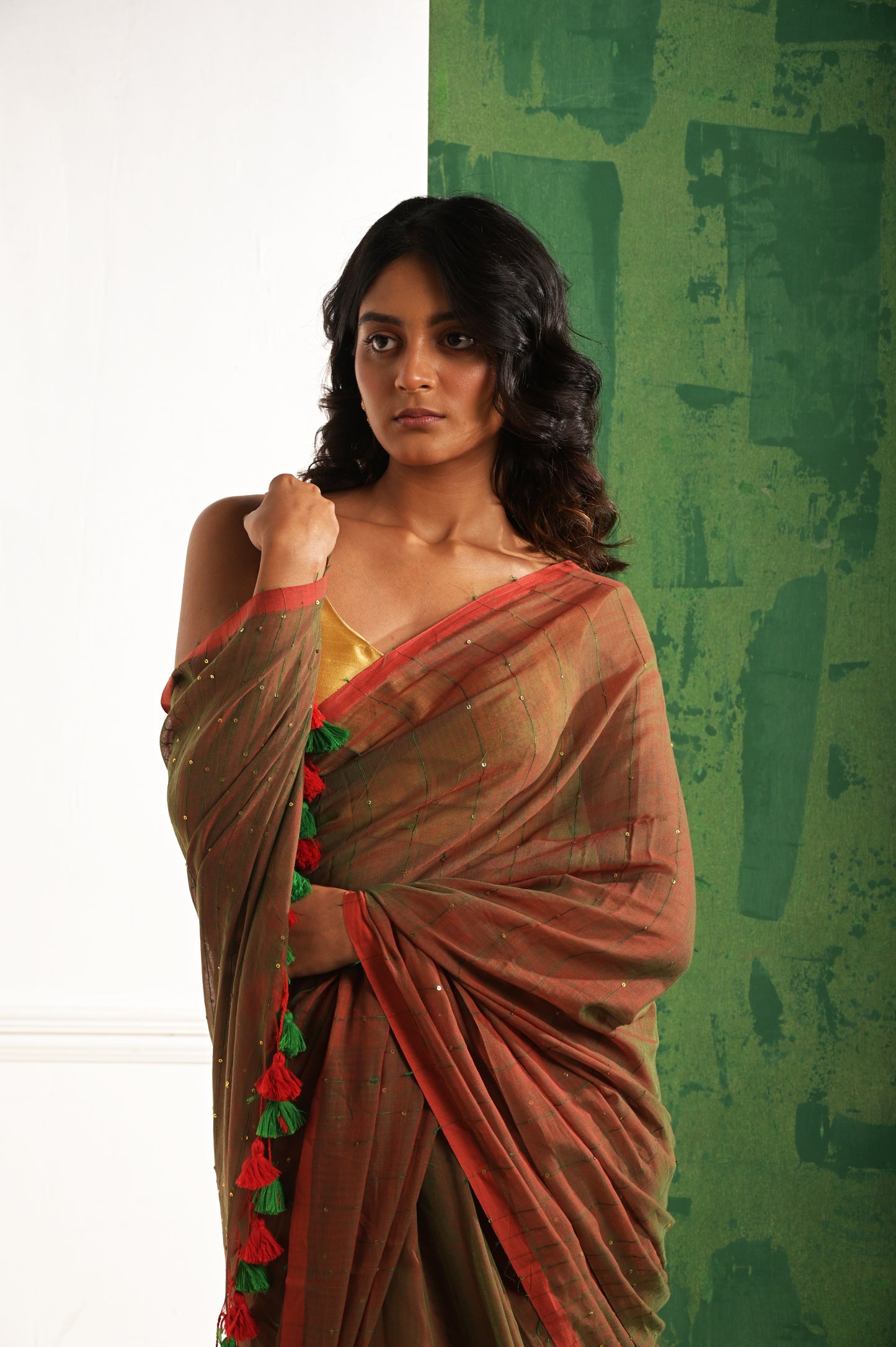 Toot Ta Taara | Red Mul Cotton Saree With Beaded Sequins