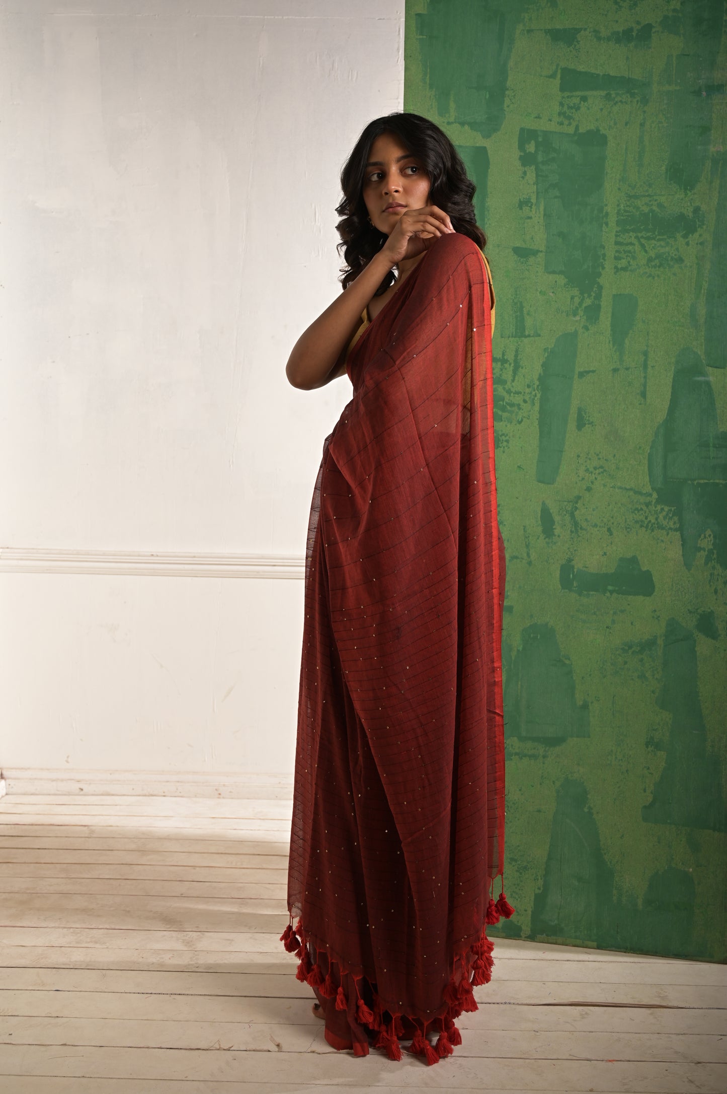 Toot Ta Taara | Red Mul Cotton Saree With Beaded Sequins