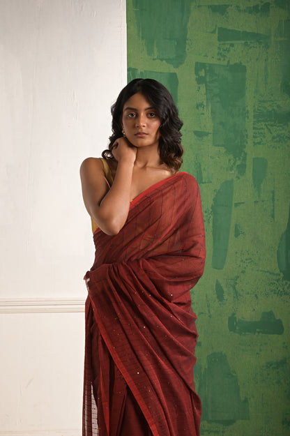 Toot Ta Taara | Red Mul Cotton Saree With Beaded Sequins