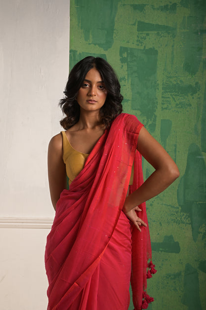 Toot Ta Taara | Red Mul Cotton Saree With Beaded Sequins