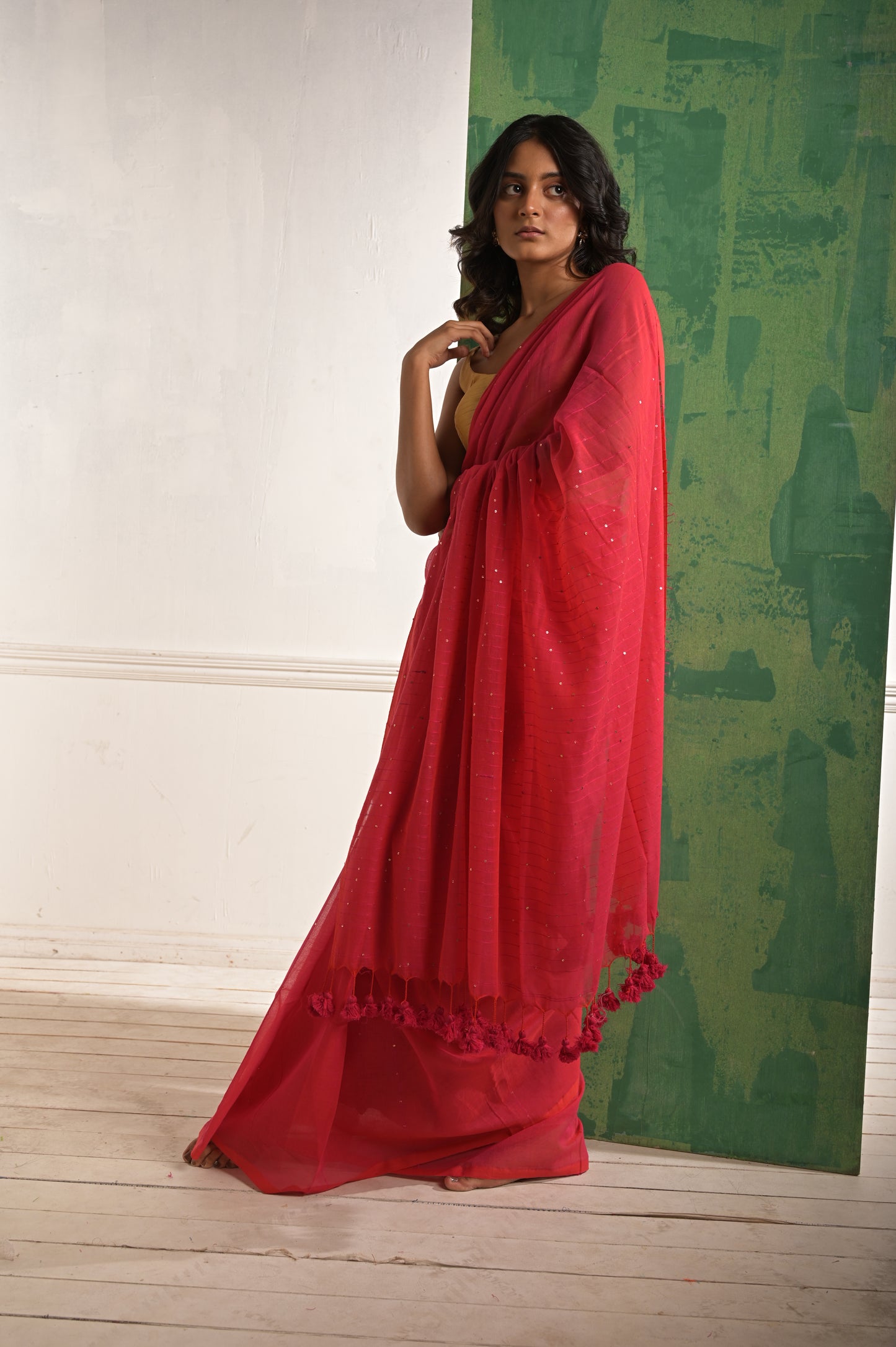 Toot Ta Taara | Red Mul Cotton Saree With Beaded Sequins