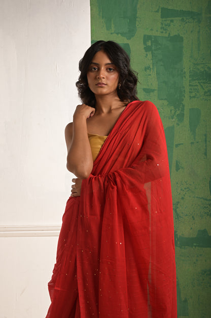 Toot Ta Taara | Red Mul Cotton Saree With Beaded Sequins