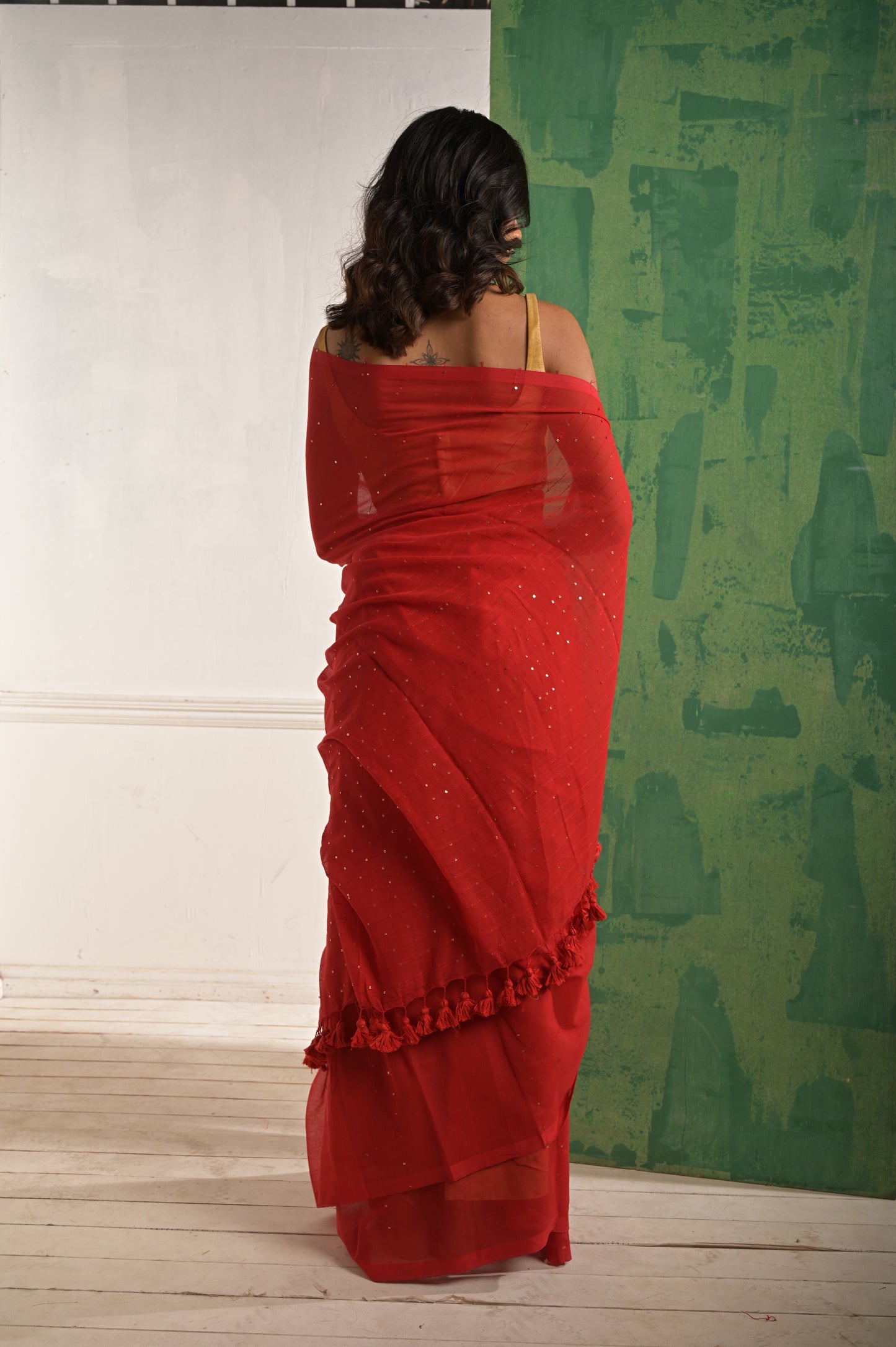 Toot Ta Taara | Red Mul Cotton Saree With Beaded Sequins