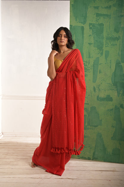 Toot Ta Taara | Red Mul Cotton Saree With Beaded Sequins