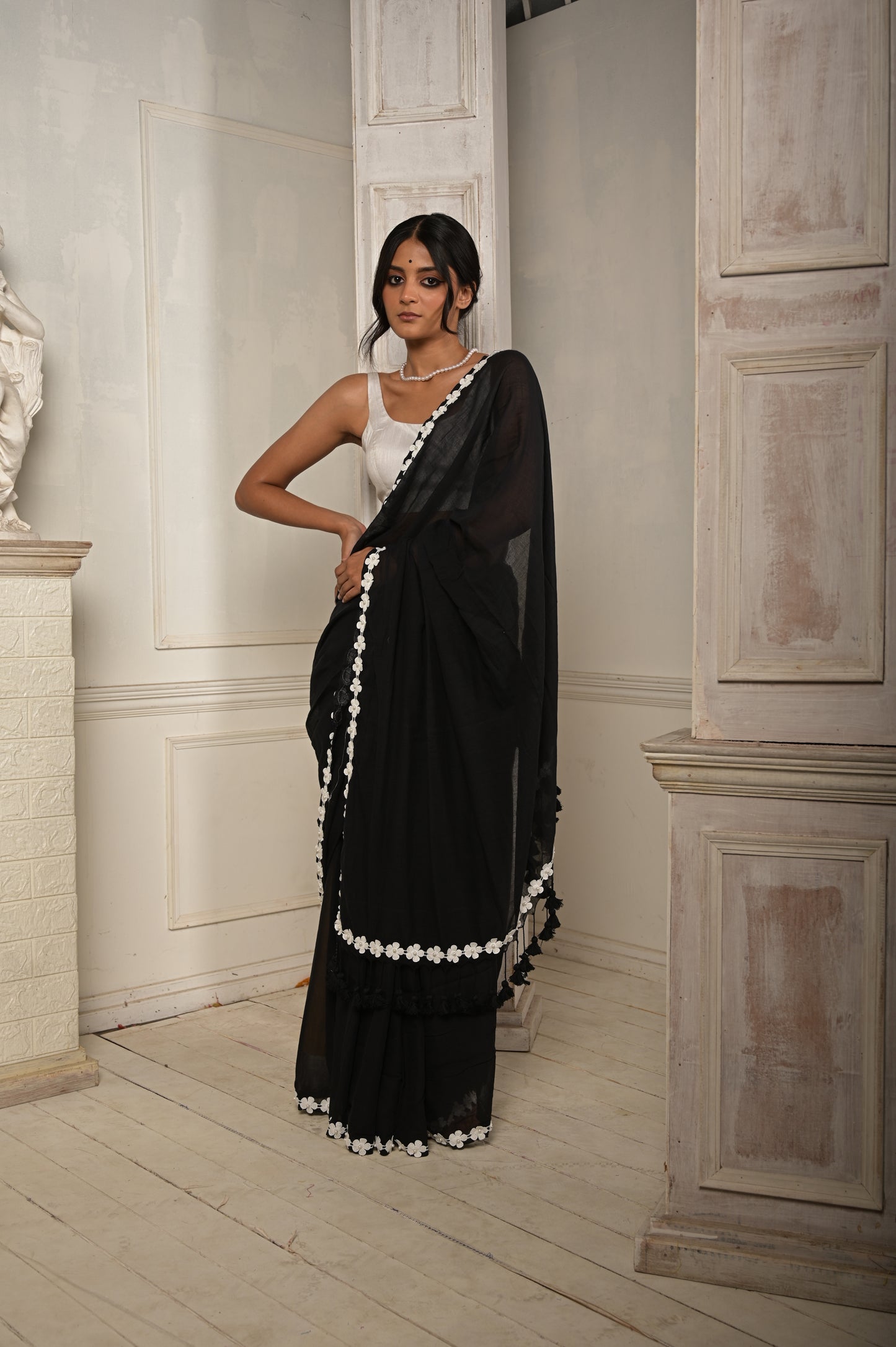 Cotton Saree With Stitched Lace Floral Embroidered Border